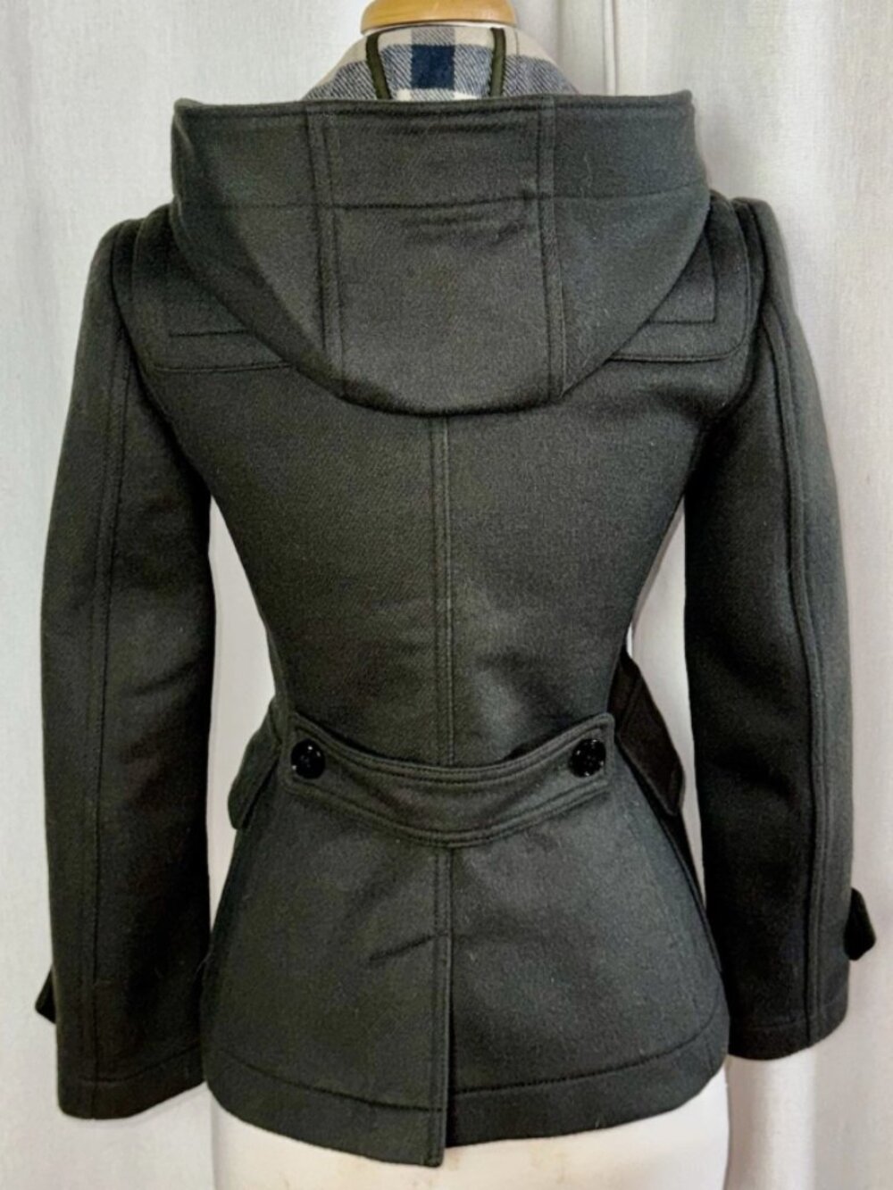 Burberry Olive Hooded Wool Toggle Pea Coat with Check Hood Lining - Picture 15 of 16